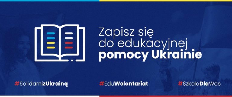 Baner informacyjny z tekstem: Zapisz się do edukacyjnej pomocy Ukrainie.