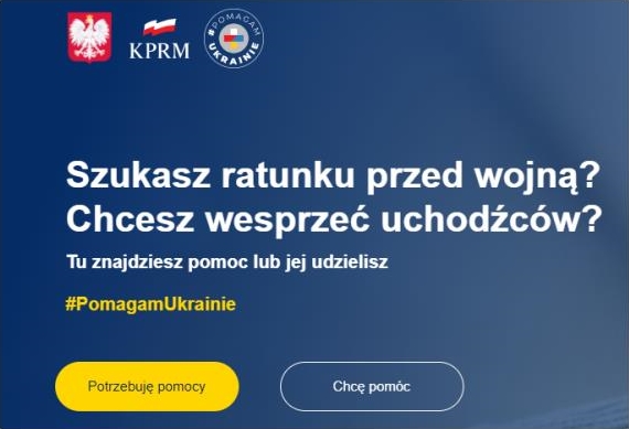 Baner informacyjny z tekstem : Szukasz ratunku przed wojną? Chcesz wesprzeć uchodźców? Tu znajdziesz pomoc lub jej udzielisz